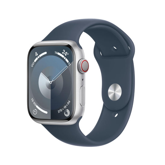 ساعة Apple Watch Series 9 GPS مقاس 41 مم،إطار الستنالس ستيل الفضي، حزام رياضي أزرق العاصفة - M/L