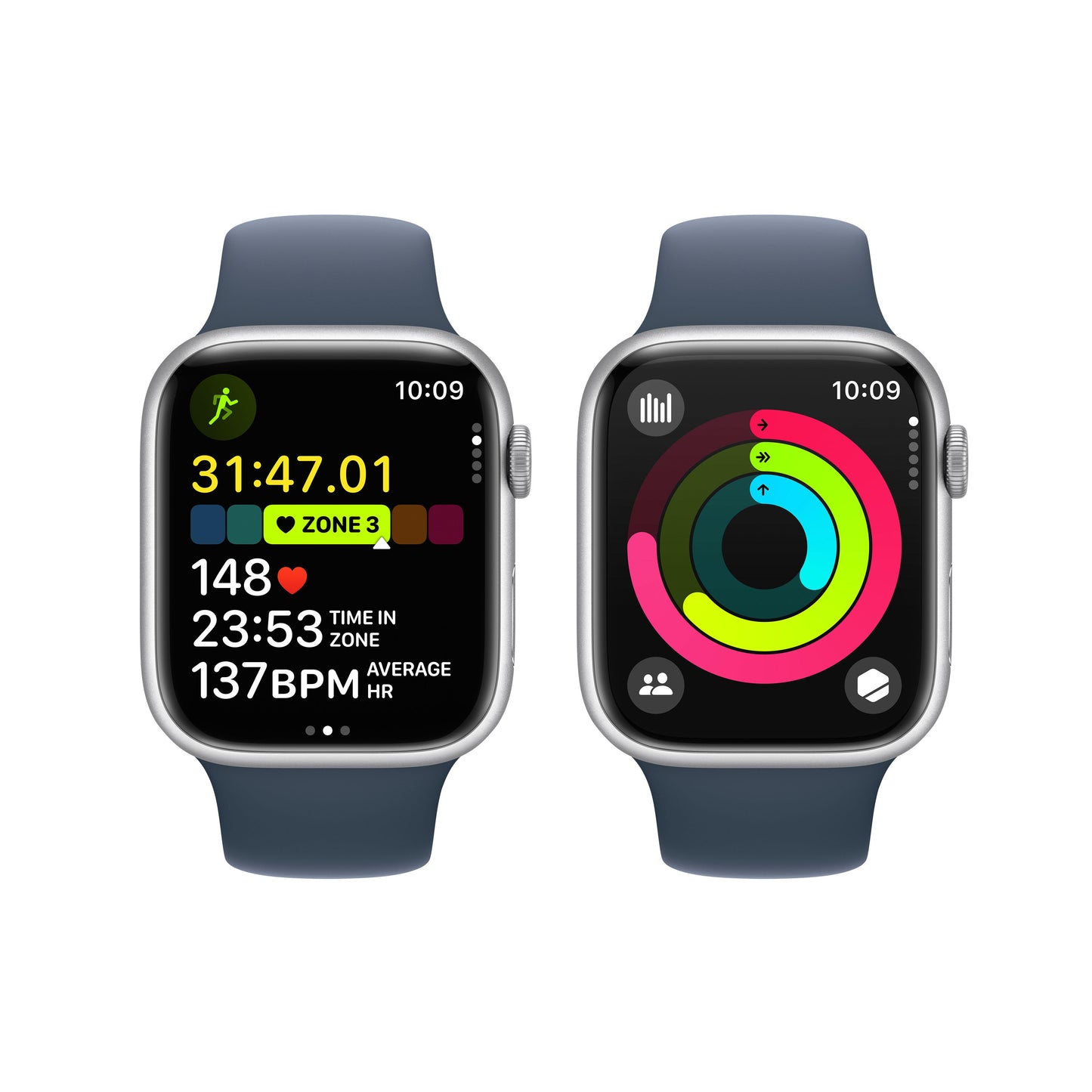 ساعة Apple Watch Series 9 GPS مقاس 41 مم،إطار الستنالس ستيل الفضي، حزام رياضي أزرق العاصفة - M/L