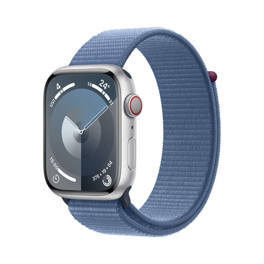 ساعة Apple Series 9 GPS + Cellular 41 مم، إطار من الألمنيوم الفضي مع Loop رياضي أزرق العاصفة