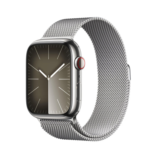 ساعة Apple Watch Series 9 GPS + Cellular 41 مم فضي وإطار ستانلس ستيل Loop ميلانيز فضي