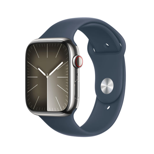 ساعة Apple Watch Series 9 GPS + Cellular 41 مم فضي وإطار من الستانلس ستيل مع حزام رياضي أزرق العاصفة - S/M