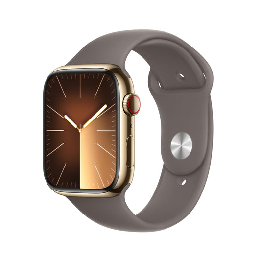 ساعة Apple Watch Series 9 GPS + Cellular 45 مم ذهبي مع إطار من الستانلس ستيل وحزام رياضي كلاي - S/M