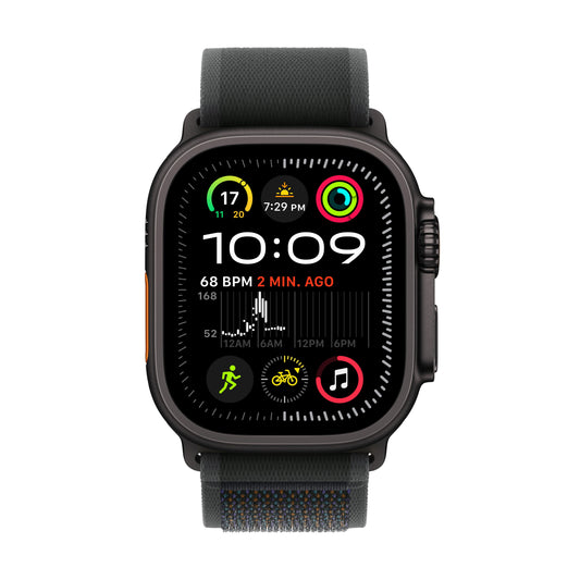 ساعة Apple Watch Ultra 2 GPS + Cellular مقاس 49 مم، وإطار من التيتانيوم أسود، حزام ترايل Loop أسود - متوسط/كبير