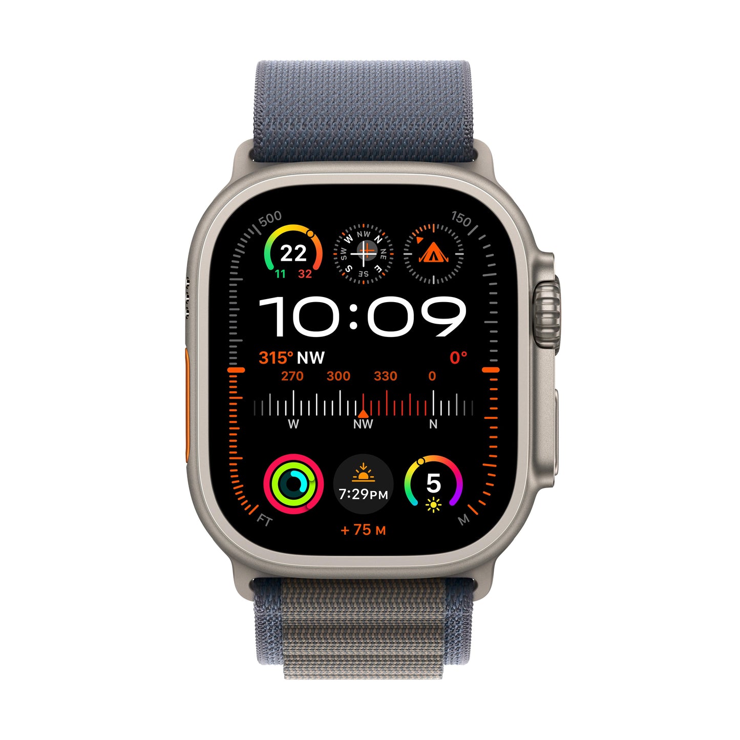 ساعة Watch Ultra 2 GPS + Cellular مقاس 49 مم، وهيكل تيتانيوم مع حزام الباين ازرق - Medium