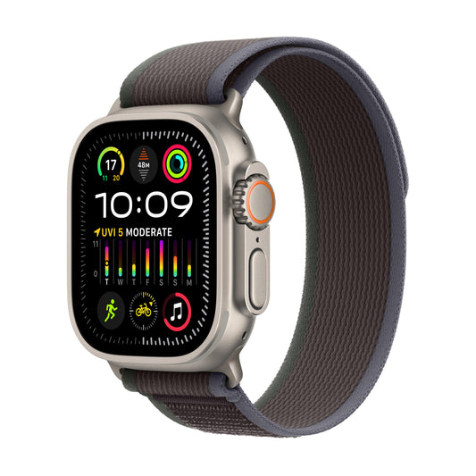 ساعة Apple Watch Ultra 2 GPS + Cellular مقاس 49 مم، إطار تيتانيوم، حزام ترايل أزرق/أسود - M/L