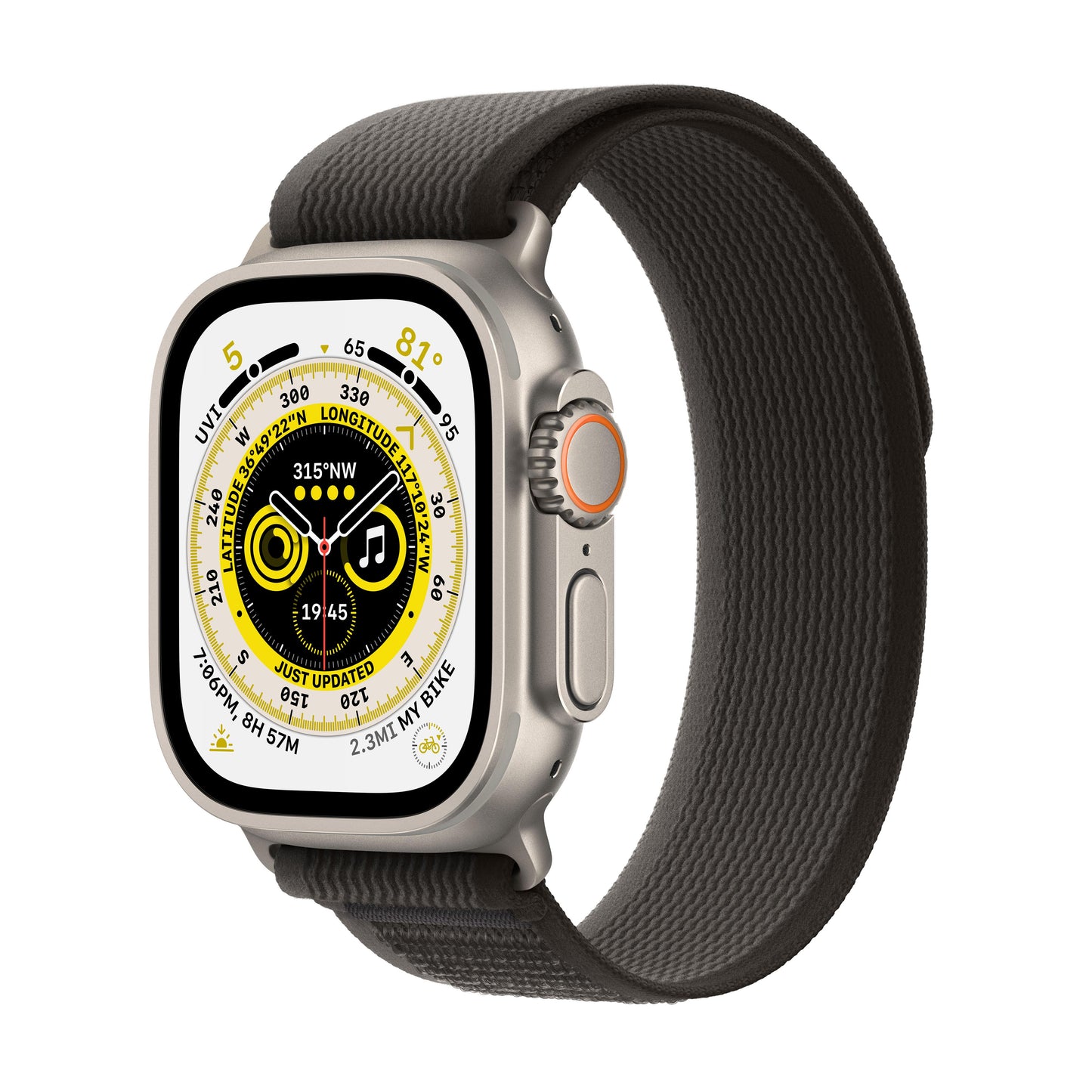 ساعة Apple Watch Ultra الخلوية + جي بي اس - 49 ملم - غطاء تيتانيوم مع سوار تريل أسود/رمادي - M/L