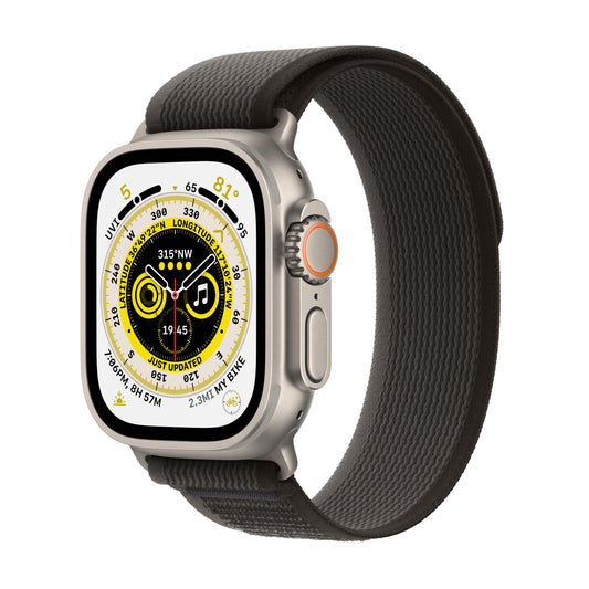 ساعة Apple Watch Ultra الخلوية + جي بي اس - 49 ملم - غطاء تيتانيوم مع سوار تريل أسود/رمادي - S/M