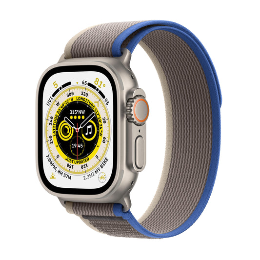 ساعة Apple Watch Ultra الخلوية + جي بي اس - 49 ملم - غطاء تيتانيوم مع سوار تريل أزرق/رمادي - M/L