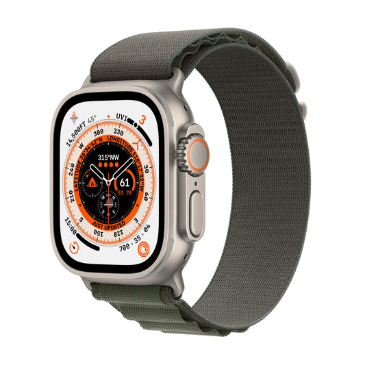 ساعة Apple Watch Ultra GPS + شريحة، قاعدة تيتانيوم بحجم 49 ملم مع Loop الباين الأخضر.