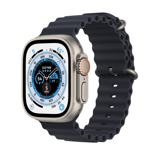ساعة Apple Watch Ultra GPS + شريحة، قاعدة تيتانيوم بحجم 49 ملم مع Loop ميدنايت أوشن