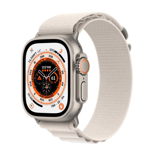 ساعة Apple Watch Ultra GPS + شريحة، 49 مم، إطار من التيتانيوم بLoop الباين ستارلايت.
