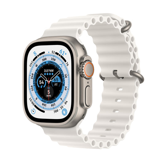 ساعة Apple Watch Ultra GPS + شريحة، قاعدة تيتانيوم بحجم 49 ملم مع Loop أبيض بحري