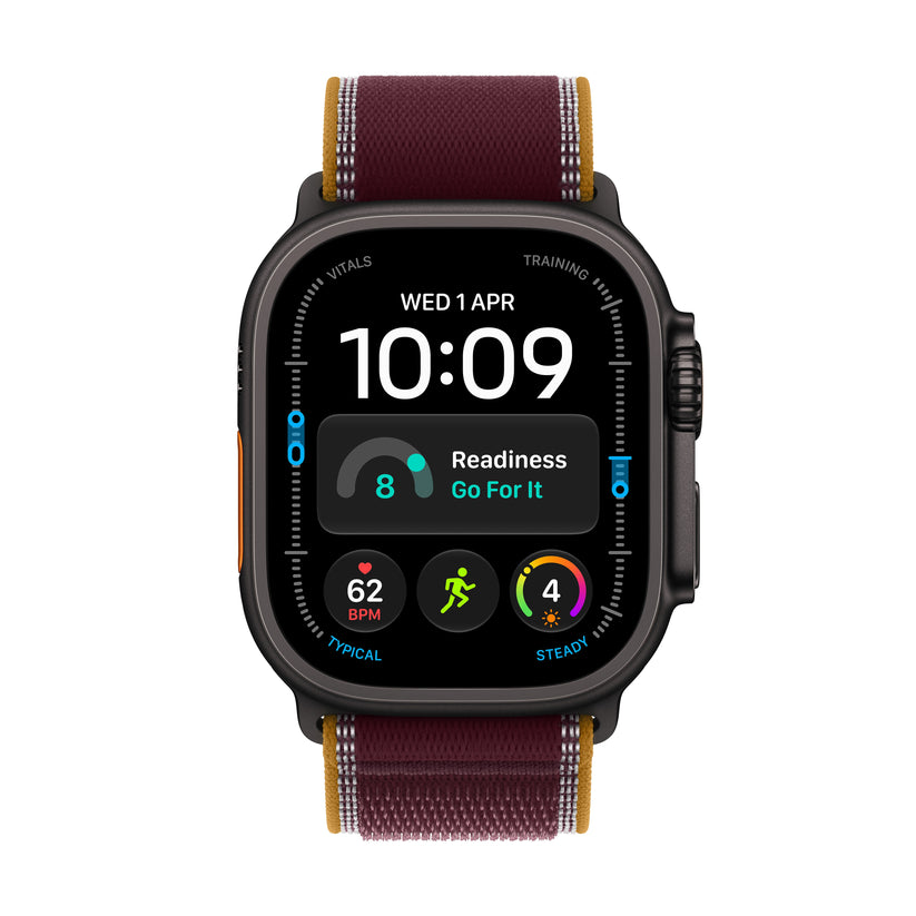 Apple Watch Ultra 4 Black Titanium Burgundy Trail Loop Front View