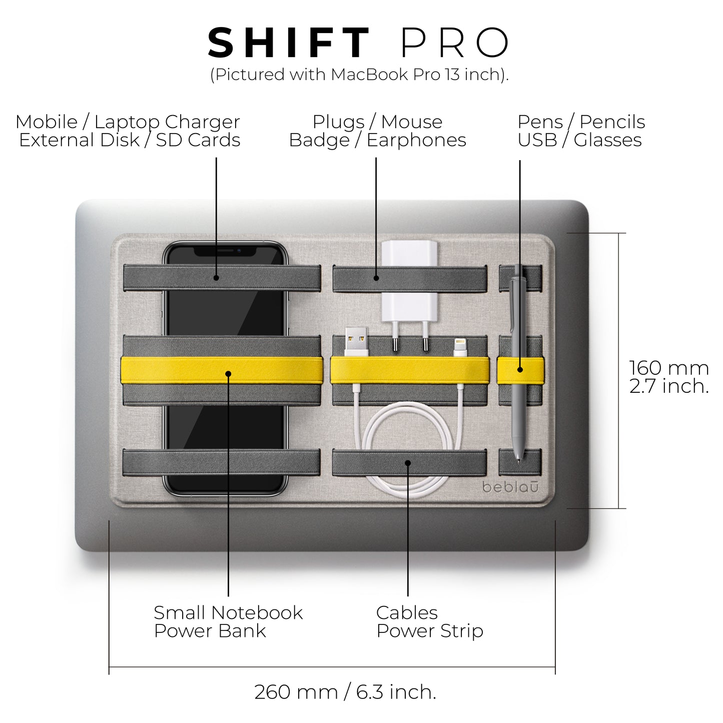 Beblau Shift Pro 3-in-1 Organizer Laptop, Wall & Backpack Tech Storage, Yellow
