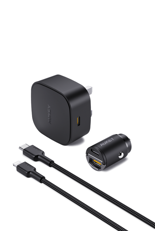Aukey Kit on the Go Bundle-II PD 20W MFI USB Type-C to Lightning Cable with PD 30W Car Charger (Black, 1.2M)