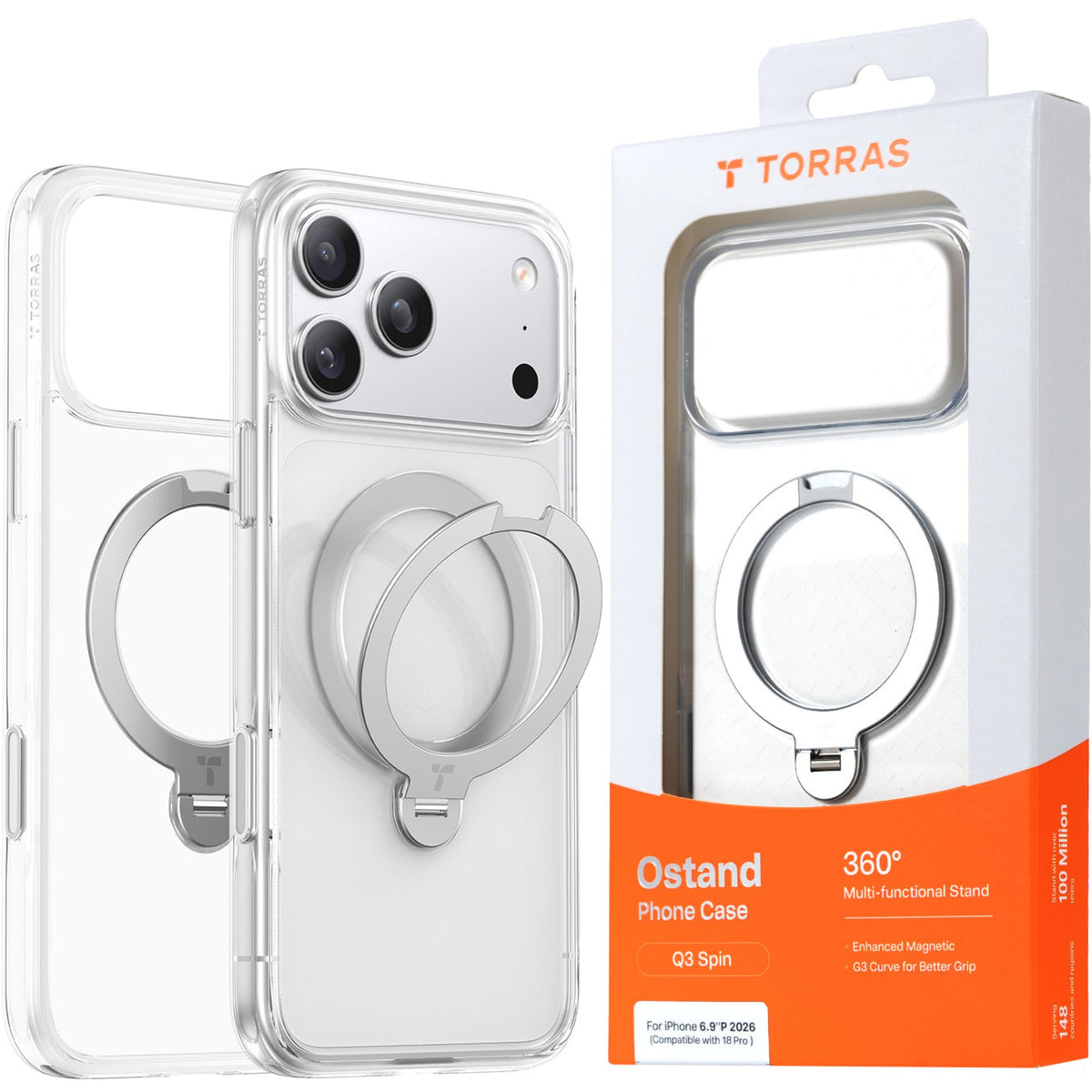 Torras Ostand Q3 Spin Case for iPhone 18 Pro - Clear