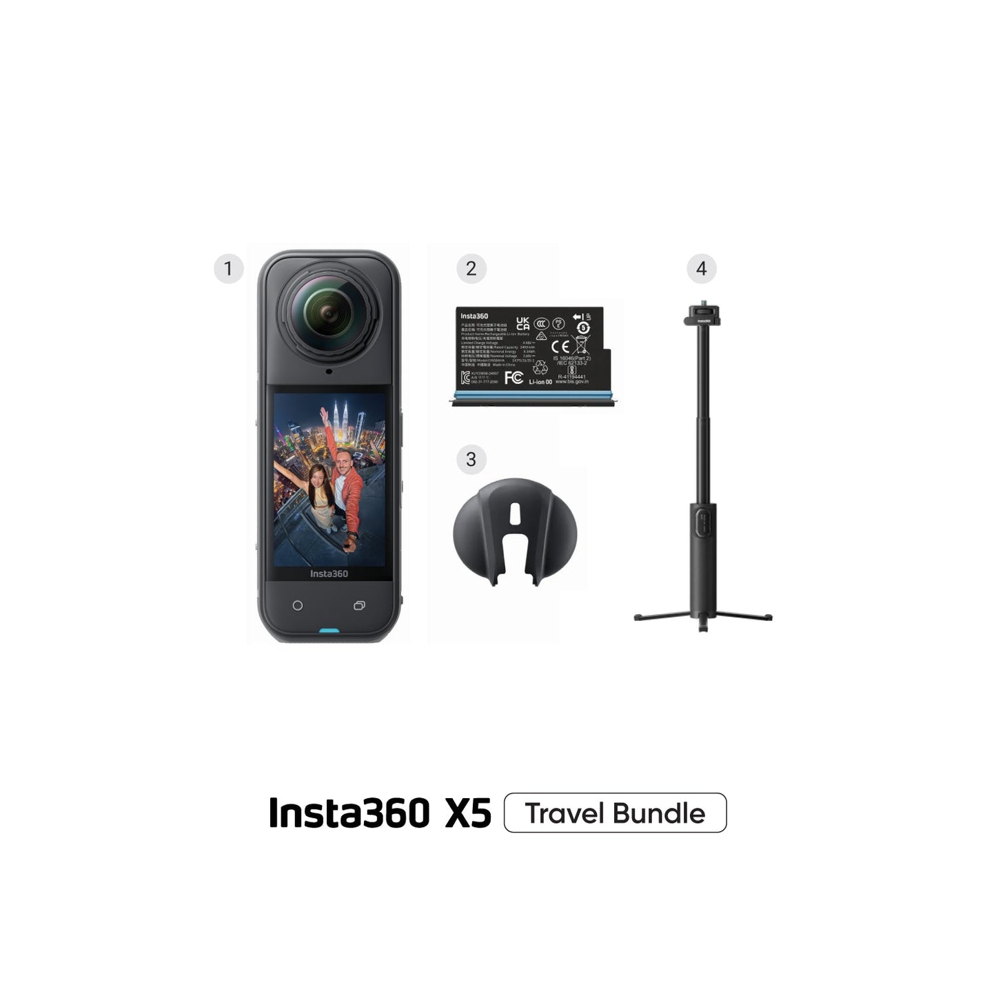 Insta360 - X5 - 360 Cameras - Travel Bundle - Black (Foldable 2In1 Selfie Stick (1/4" Mount + Lens Cap + Additional Battery)