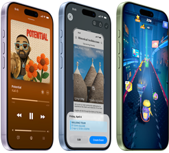 iPhone 17 devices, exterior front, exterior side, demonstrating Apple Music, Visual intelligence, gaming, button_rivers: Action button_river, volume