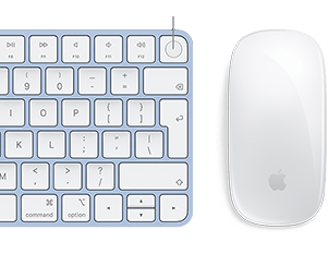 Close-up of color-matching Magic Keyboard and Magic Mouse, with Touch ID fingerprint in focus