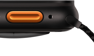 Apple Watch Ultra 3, black color, titanium case, convex sensor on back, left side exterior, Action button_river, siren