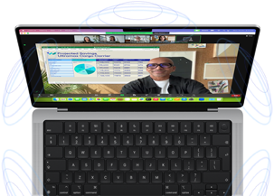 MacBook Pro surrounded by illustrations of blue circles to suggest the 3D feeling of Spatial Audio — Onscreen, a person uses the Presenter Overlay feature in a Zoom video meeting to appear in front of the content they are presenting