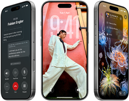 3 iPhone 17 Pro models, front exterior, side by side, demonstrating iOS 26, liquid glass affect and Apple Intelligence feature