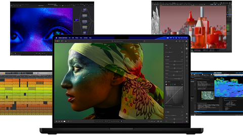 A variety of colorful screen content from music production, video editing, 3D animation, and photo editing apps on Mac, demonstrating powerful graphics performance