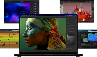 A variety of colorful screen content from music production, video editing, 3D animation, and photo editing apps on Mac, demonstrating powerful graphics performance