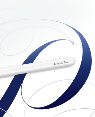قلم Apple Pro‏ موضوع بشكل مسطح فوق بعض التصاميم الإبداعية المرسومة باليد