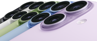 iPhone&nbsp;17، الجزء الخلفي الخارجي، نظام كاميرا&nbsp;Fusion&nbsp;مزدوجة، كل الألوان الخمسة متداخلة: أسود، وأبيض، وأخضر رمادي، وأزرق ضبابي، وليلكي ناعم