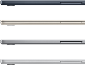 أربعة أجهزة MacBook Air‏ مغلقة تعرض ألوان الجهاز المتوفرة: سماء الليل وضوء النجوم والرمادي الفلكي والفضي