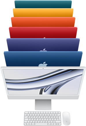 لقطة علوية لسبعة أجهزة iMac باللون الفضي والأزرق والليلكي والوردي والبرتقالي والأصفر والأخضر.