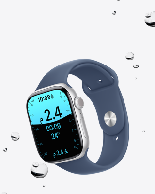 شاشة Apple&nbsp;Watch&nbsp;Series&nbsp;10 تعرض تطبيق العمق وإلى جانبه قطرات ماء