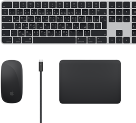 لقطة علوية لاكسسوارات Mac:‏ لوحة مفاتيح ماجيك وماجيك ماوس ولوحة تعقب ماجيك وكابلات ثندربولت