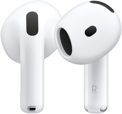 back of left AirPod, front of right AirPod, AirPod stem has the letter R to signify it belongs in the right ear