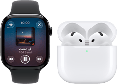 Apple&nbsp;Watch&nbsp;Series&nbsp;11، إطار تيتانيوم بلون رمادي بني، الحزام: حزام رياضي أسود، تطبيق Apple&nbsp;Music&nbsp;مفتوح، مقترنة بسماعات AirPods&nbsp;4‏