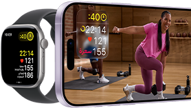 Apple&nbsp;Watch بجانب iPhone مع تمرين من +Apple&nbsp;Fitness يعرض على الشاشة