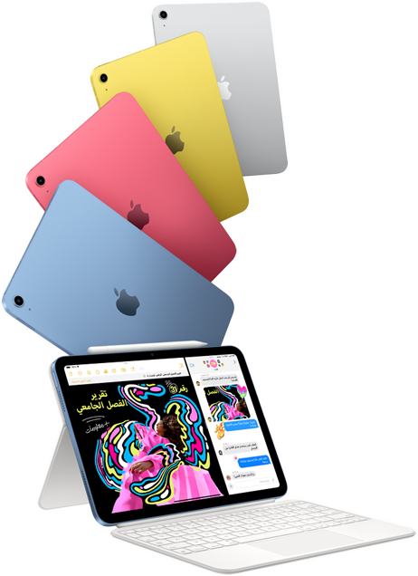 iPad in blue, pink, yellow, and silver colors and one iPad attached to the Magic Keyboard Folio.