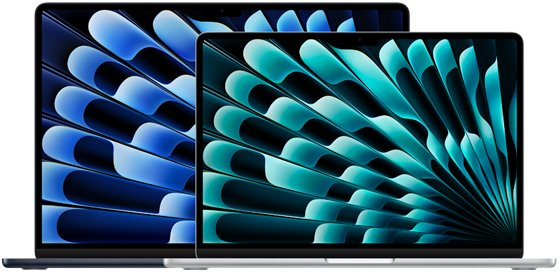 صورة أمامية لجهاز MacBook Air موديل 13 إنش وموديل 15 إنش تبين حجم الشاشة لكل من الجهازين (قطرياً)