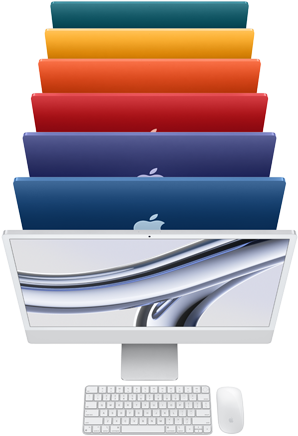 لقطة علوية لأجهزة iMac باللون الأخضر والأصفر والبرتقالي والوردي والليلكي والأزرق ولقطة أمامية لجهاز iMac باللون الفضي مع لوحة مفاتيح ماجيك وماجيك ماوس