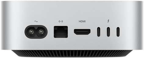 صورة خلفية لجهاز Mac mini بلون فضي تُظهر المنافذ الخلفية: منفذ HDMI، ومنفذ إيثرنت، و3 من منافذ ثندربولت