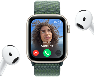 Incoming call on an Apple Watch SE, next to a pair of AirPods