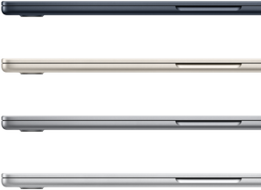 أربعة أجهزة MacBook Air‏ تعرض ألوان الجهاز المتوفرة: سماء الليل وضوء النجوم والرمادي الفلكي والفضي