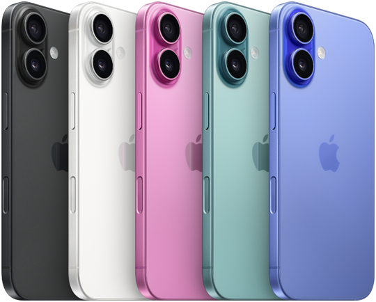 iPhone 16, back exterior, raised Advanced dual-camera system, Apple logo in center, all five finishes, Black, White, Teal, Pink, Ultramarine