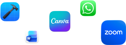 أيقونات لتطبيقات متنوعة معروضة بشكل مبعثر تشمل Zoom وWhatsApp وCanva وMicrosoft&nbsp;Word وXcode‏