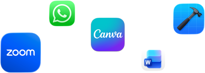 Various app icons in a scattered array, including Zoom, WhatsApp, Canva, Microsoft Word, and Xcode