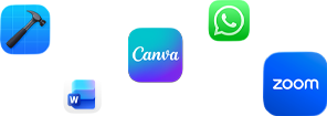 أيقونات لتطبيقات متنوعة معروضة بشكل مبعثر تشمل Zoom وWhatsApp وCanva وMicrosoft&nbsp;Word وXcode‏