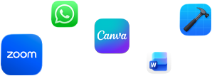 Various app icons in a scattered array, including Zoom, WhatsApp, Canva, Microsoft Word, and Xcode