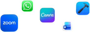 Various app icons in a scattered array, including Zoom, WhatsApp, Canva, Microsoft Word, and Xcode