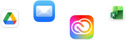 أيقونات لتطبيقات متنوعة معروضة بشكل مبعثر تشمل Microsoft&nbsp;Excel وAdobe&nbsp;Creative&nbsp;Cloud وApple&nbsp;Mail وGoogle&nbsp;Drive‏